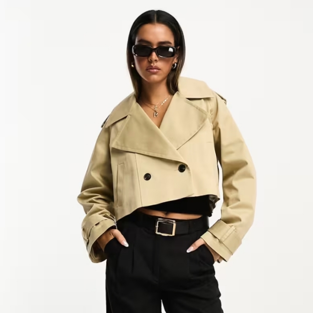 ASOS Beige Double-Breasted Cropped Trench Coat - Picture 3 of 4